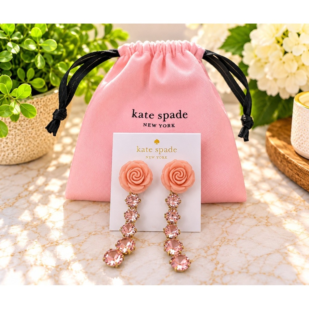 Kate Spade Blush Pink Rose Crystal Drop Earrings Coquette Romantic Floral NWT